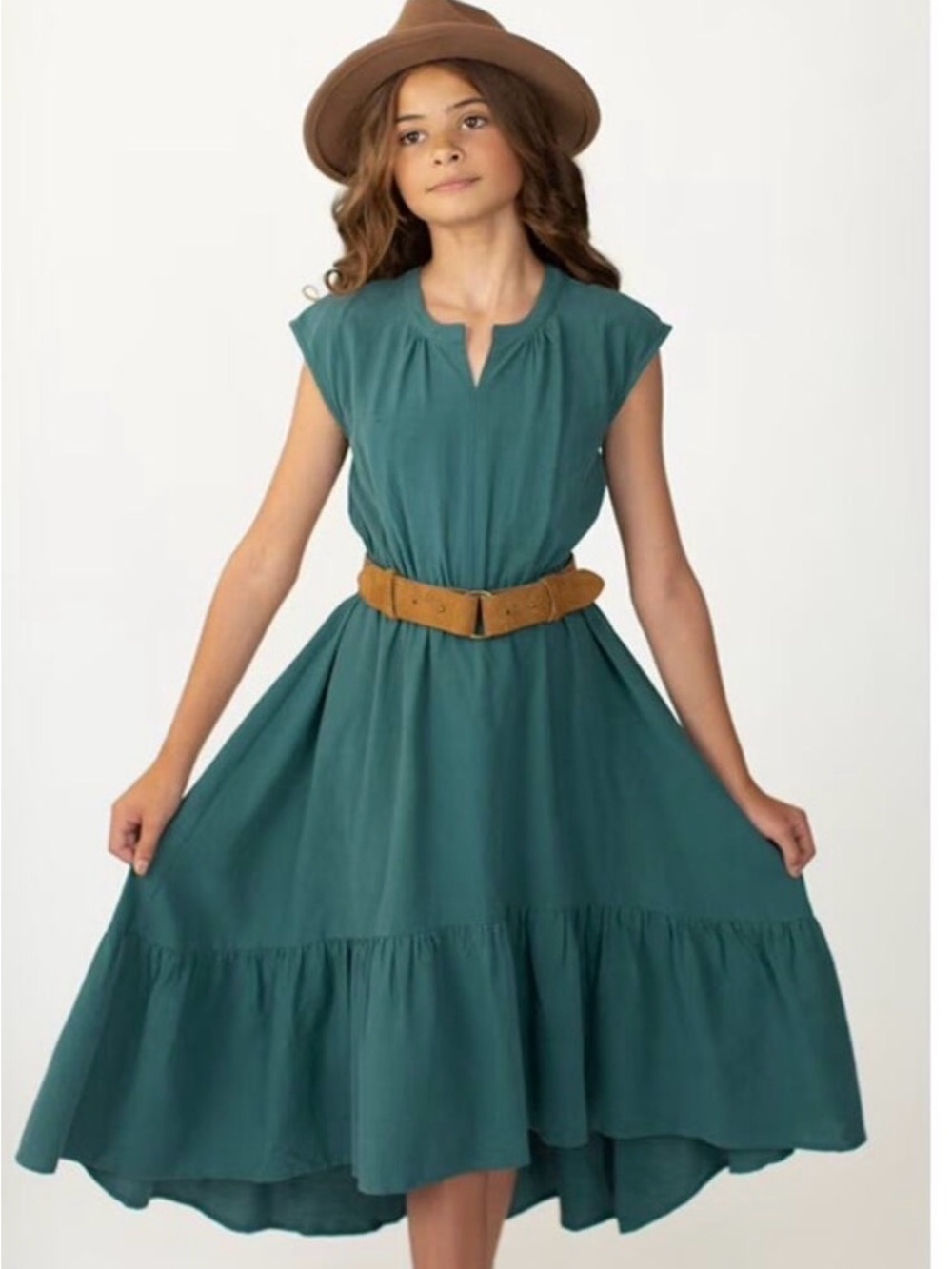 Joyfolie Teal High-Low Tiered Dress